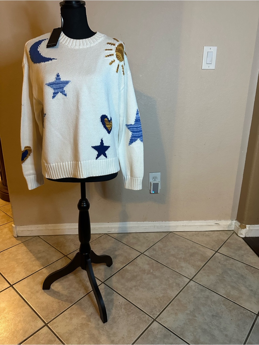 Rails White Crewneck Sweater with Blue Stars, Moon & Gold Sun Accents